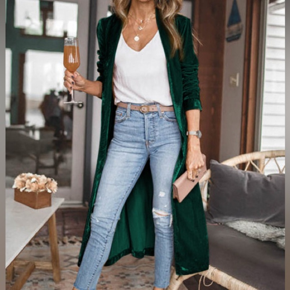 Emerald Green Velvet Long Duster Cardigan - Picture 2 of 4